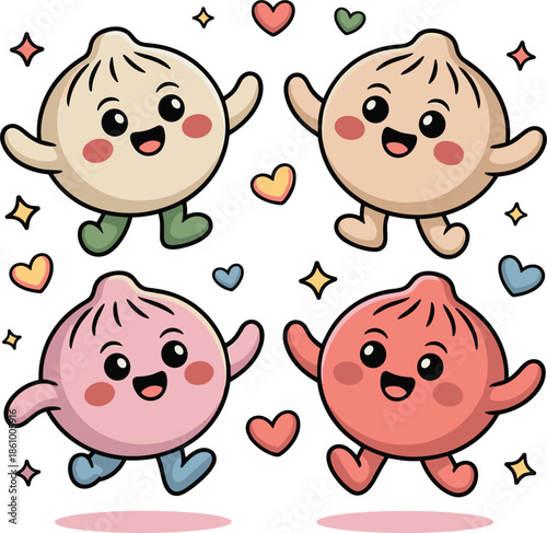 Four cute kawaii dumplings characters dancing with hearts and stars around