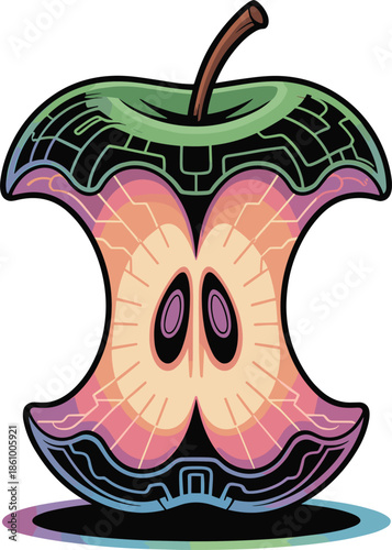 Cyberpunk apple core illustration with circuit board patterns and neon color scheme