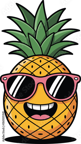 Funny cartoon pineapple character wearing pink sunglasses with cool summer attitude
