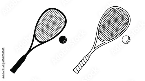 Two tennis racquets and balls depicted in a striking black silhouette