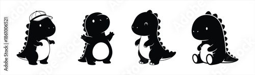 Adorable set of four small black cartoon dinosaurs in charming, playful poses