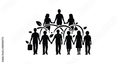 A group of people holding hands beneath leafy branches representing unity and togetherness silhouette