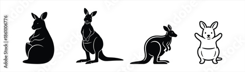 Black and white kangaroos illustration set