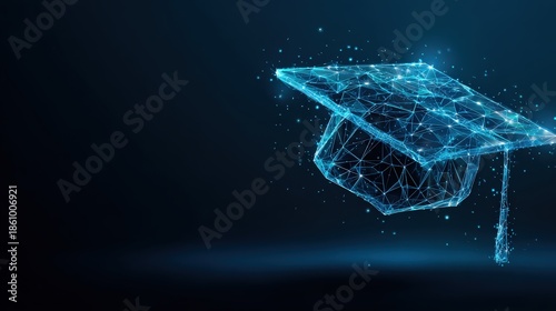 An artistic digital rendition depicts a graduation cap, representing academic achievement and educational pursuit within a high-tech. ..Created with Generative AI, not depicting real subjects.