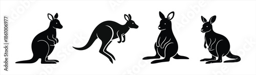 Collection of Stylized Black Kangaroo Silhouettes in Dynamic Poses