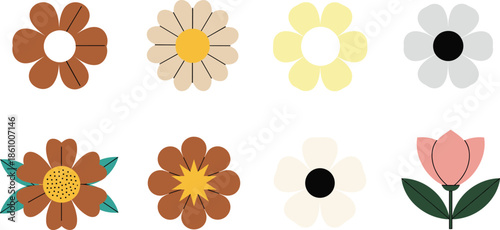 Colorful flower icon collection featuring various floral silhouettes and retro bloom shapes for garden nature patterns spring decor and flat vector design.
