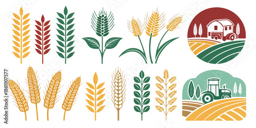 Flat vector set including wheat, harvested crops, and farm plants, clean illustration style, natural earthy colors, minimal agriculture layout