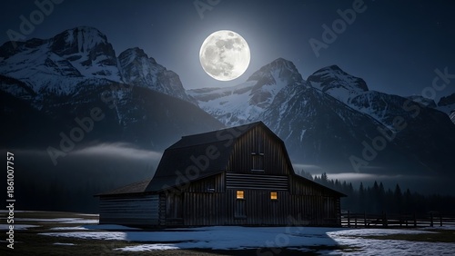 Moonlit mountain house by serene lake.