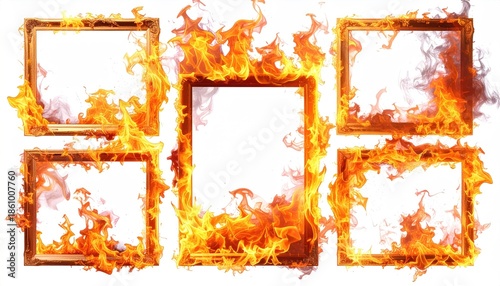 Frames ablaze, fire engulfing artless squares