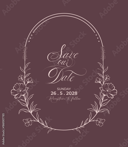 Soft pastel leaf and flower branches wreath frame for wedding save the date invitation