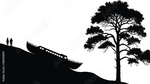abandoned ship on hillside silhouette, lonely tree landscape scene, couple standing watching wreck, nature scenery illustration, black vector artwork design