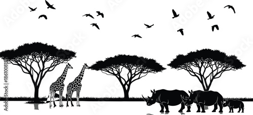 African savanna wildlife scene with giraffes and rhinoceros, acacia trees, flying birds, nature landscape, safari animals, wilderness adventure illustration concept