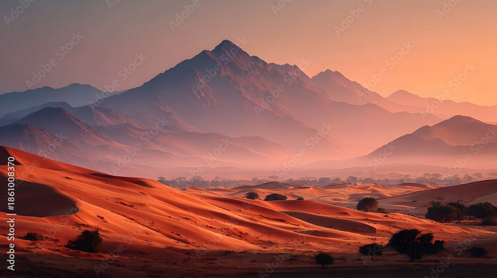 Fototapeta premium Landscape photography of vast red sand dunes with a sandstorm approaching and majestic mountains visible in the distance under haze.