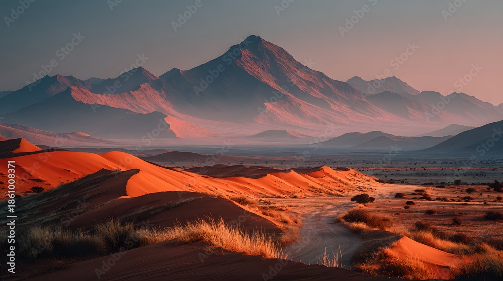 Naklejka premium Landscape photography of vast red sand dunes with a sandstorm approaching and majestic mountains visible in the distance under haze.