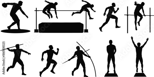athletics sports silhouettes collection, track and field athletes action poses, running jumping throwing pole vault high jump training illustration competition vector set