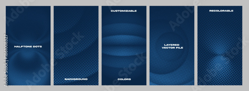 Abstract Symmetrical Geometric Navy Blue Background Set with Halftone Dots Effects