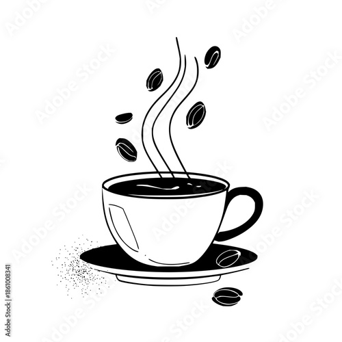 Illustration of a steaming coffee cup with falling beans on a saucer in black and white style design