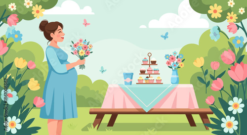 Woman holding flowers next to table.