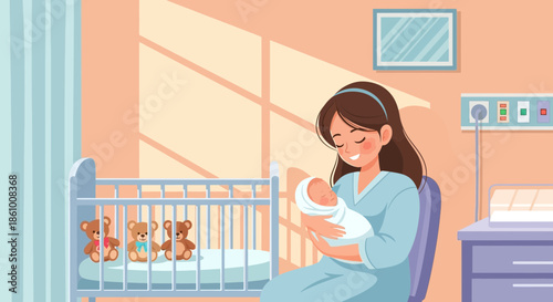 Woman holding newborn baby close.