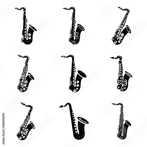 Saxophone musical instrument icons in black silhouette