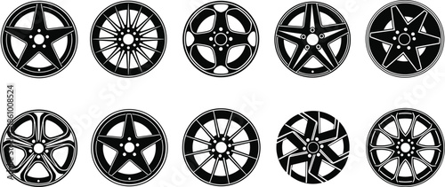 Black car wheel rim silhouette collection featuring various alloy designs spokes and star shapes for automotive service tire shop and transport vector.