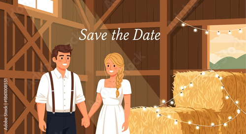 Cartoon couple in rustic barn scene.