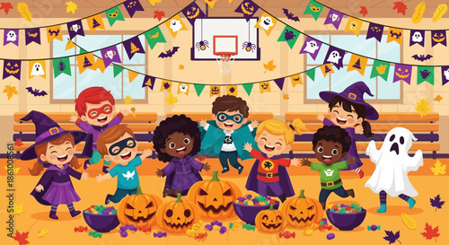 Children dressed as Halloween characters playing.