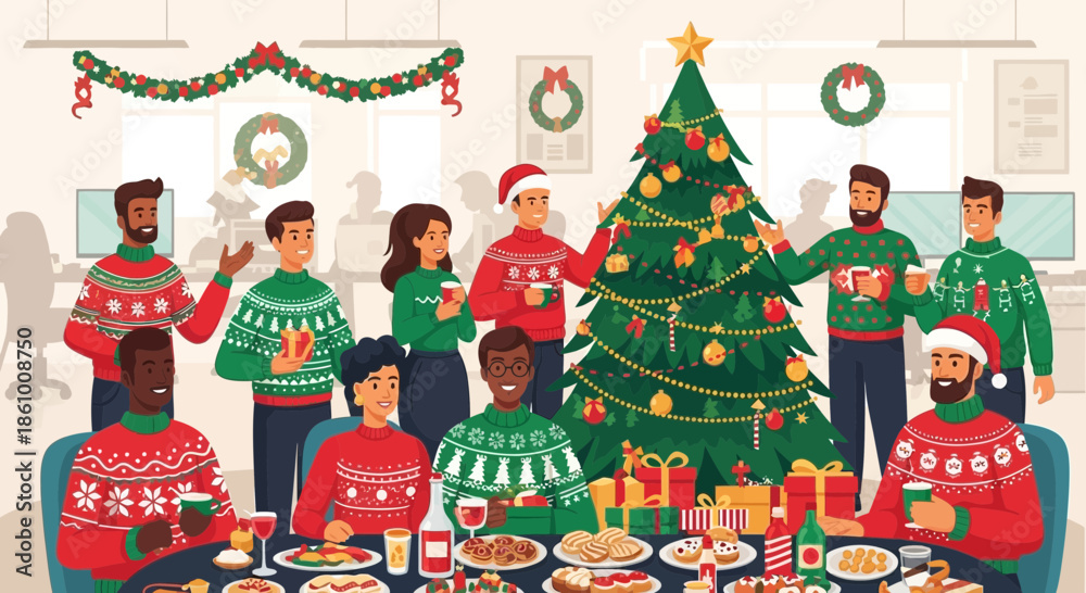 Fototapeta premium Group of people wearing Christmas sweaters.