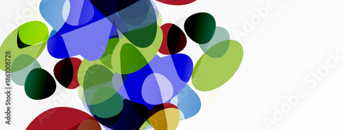 Abstract composition featuring overlapping translucent shapes. Colors include blue, green, red, yellow, vibrant gradients present. Minimalist design.