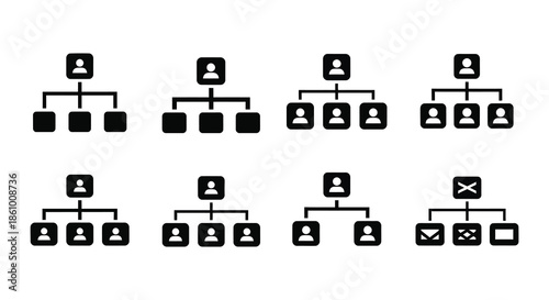 Illustrative depictions of organizational charts showing hierarchical structures and team arrangements silhouette