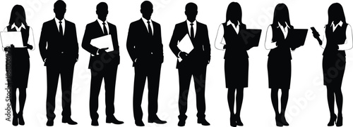business corporate team silhouette, professional office workers standing, men and women in suits, teamwork illustration set, black vector artwork design