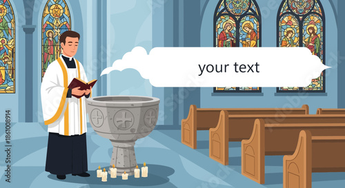 Priest standing next to baptism font.