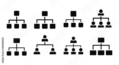 Simple black icons depicting hierarchical structures and organizational charts showcasing a distinct silhouette