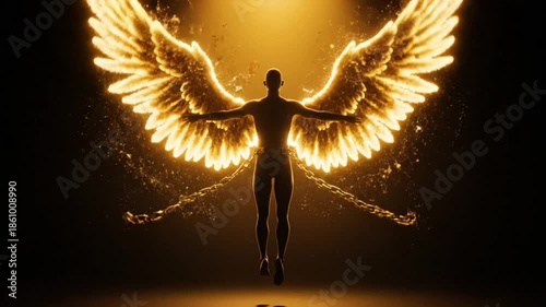 Cinematic Silhouette of Man Breaking Chains and Sprouting Golden Fire Wings representing Ultimate Freedom and Victory