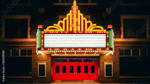 A vibrant movie theater marquee at night with bright lights and a red entrance