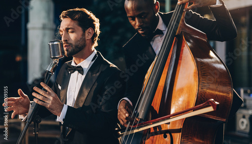 Two men playing jazz music outdoors, one singing and one on double bass.
