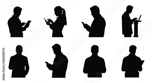 a collection of black silhouettes depicting people interacting with mobile devices and papers silhouette