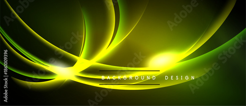 Abstract green neon lines radiate from central bright point. Dark background creates dramatic visual effect. Modern design element.