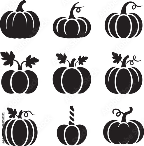 set of black pumpkin icons on white background