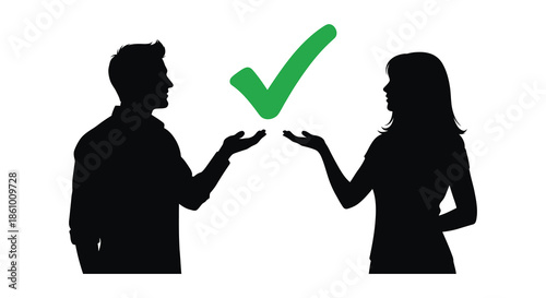 A man and woman exchanging a positive checkmark symbol depicted in dark silhouette