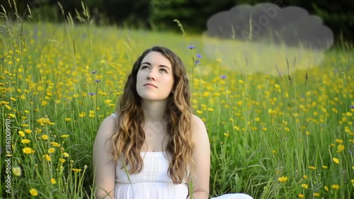 A young woman sits in a field of yellow flowers, gazing upwards with a thought bubble above her head. The natural light provides a soft, idyllic setting