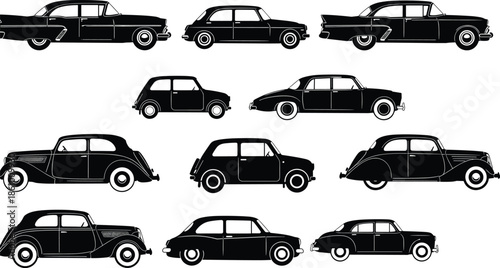 Collection of classic vintage car silhouettes, retro automobile icons, side view vehicle set for design, illustration, transportation, nostalgia theme, creative vector art