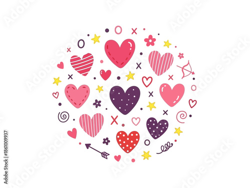 A vibrant illustration of various colorful hearts and symbols arranged in a circular pattern