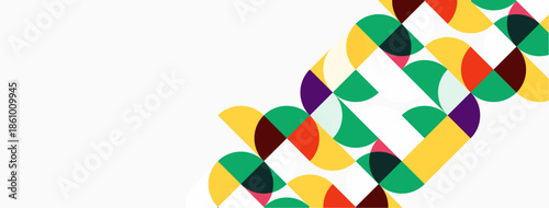 Abstract colorful shapes overlap diagonally. Bright hues create dynamic visual pattern. Minimalist design, modern aesthetic.