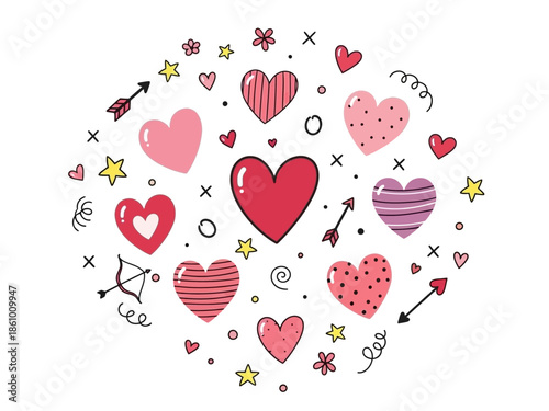 A vibrant collection of assorted hearts and symbols arranged in a circular pattern, conveying love and affection from a direct viewpoint.