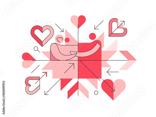 Couple embracing surrounded by hearts and arrows in a vibrant illustration