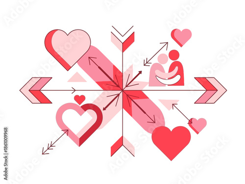 Illustration of hearts and arrows in various shades of red symbolizing love and emotions