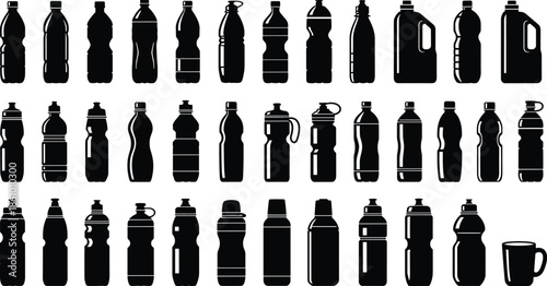 Collection of plastic water bottle silhouettes, different shapes and sizes, reusable drink containers, beverage packaging design, hydration sports bottle illustration set