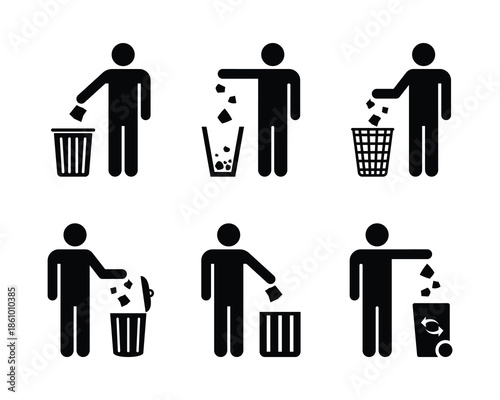 Waste Bin icon set. Throw garbage. Tidy man. Symbol keep clean. Tidy man symbol does not litter icon. Waste disposal icon with a person throwing trash into a bin