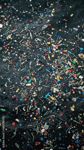 Plastic pollution floating on dark ocean water surface. Overhead view of garbage and microplastics including bottle caps and straws. Environmental disaster and ecological crisis concept